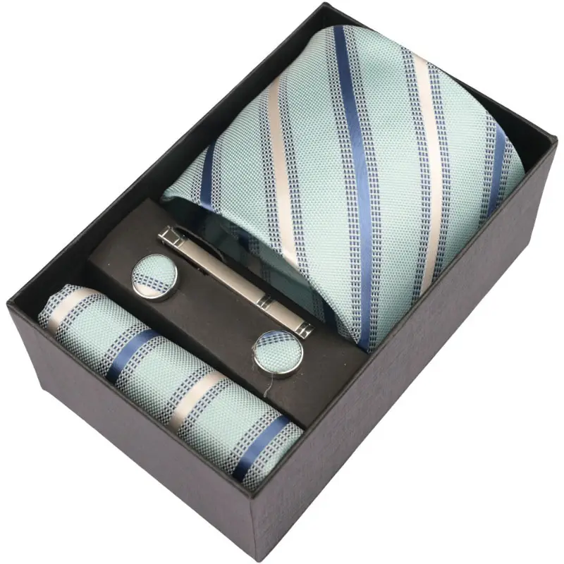Micro Fibre Stripe Men Ties and Hanky Set Custom Polyester Neckties with Pocket Squares Tie Clip and Cufflink Set in Gift Box