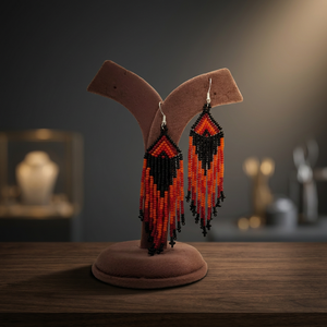 Pendientes de Flecos con Cuentas Miyuki Delica Hechos a Mano en Negro, Naranja Fuego y Rojo Carmesí, con Patrón Tribal de Chevron y Llamas, Estilo Boho - Product Image 2