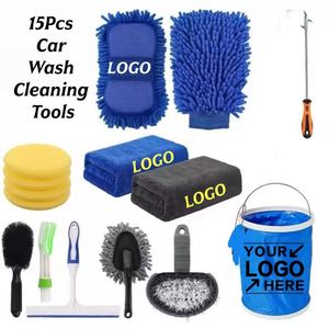 Kit de 15 outils de nettoyage et de detailing automobile avec sac, seau pliable, gant de lavage, éponges, serviettes, brosse pour pneus et raclette pour vitres - Product Image 1