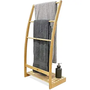 bamboo free standing floor towel rack ladder wooden bath towel holder rack for small bathroom