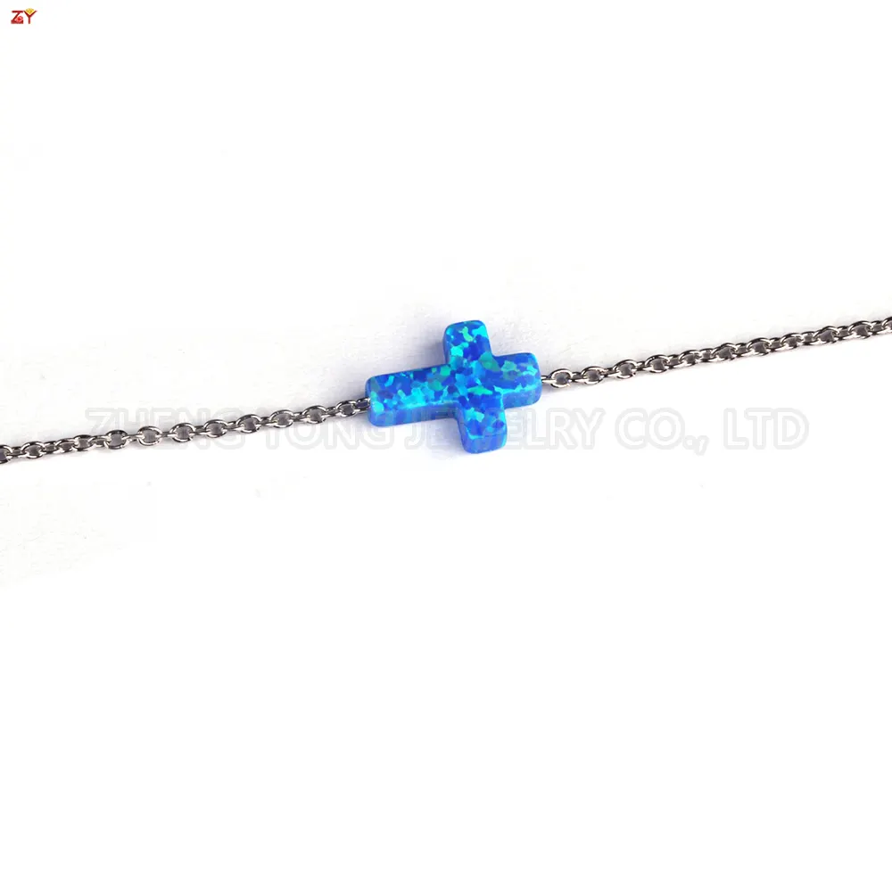 Hot Selling Blue Cross Stone S925 Armband Fabrieksprijs Synthetisch Opaal Op05 Flash Ocean Blue Charms Cross Armband