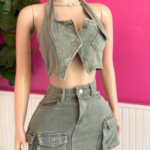 Viviblook ชุดสตรีทแวร์ผ้าเดนิม2ชิ้นสำหรับผู้หญิง C608ST01ฤดูร้อนดีไซน์ใหม่เสื้อคล้องคอผ้ายีนส์แฟชั่น - Product Image 1