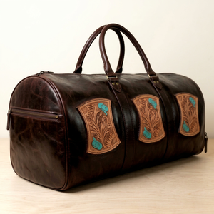 Bolsa de Viaje de Cuero Genuino con Parches Geométricos Bordados, Cierre de Cremallera, Estilo Vintage, Tamaño Grande - Product Image 1