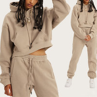 Huili kustom Logo 100% katun kosong tracksuit 2 potong sesuai Set French Terry Pullover Crop Top dasar Hoody dan jogging wanita