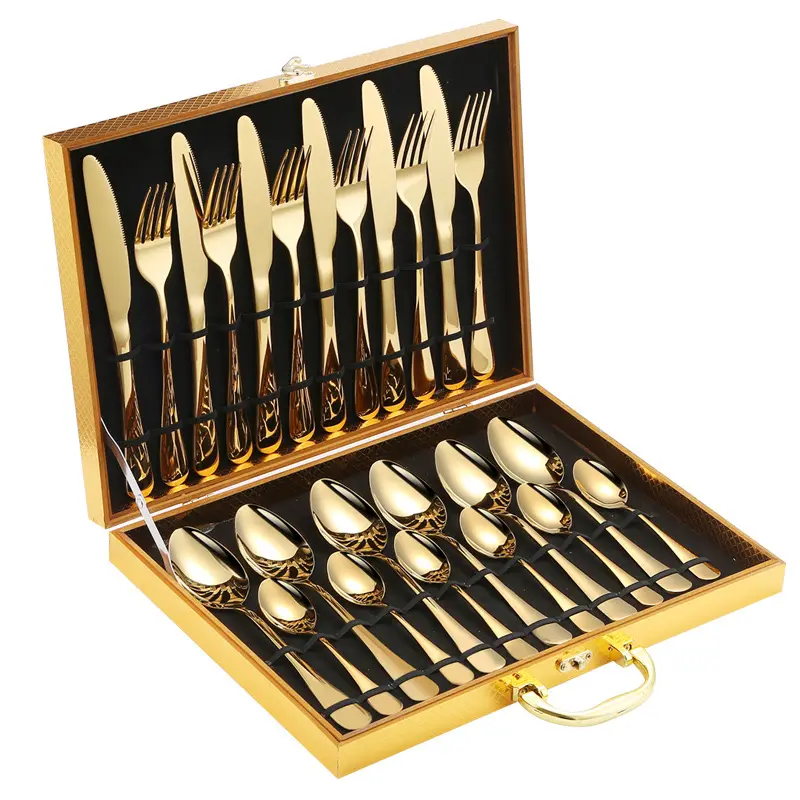 24PCS Luxury Hotel Restaurant Kitchen Black Gold Silver Plated Stainless Steel Flatware Cutlery Set