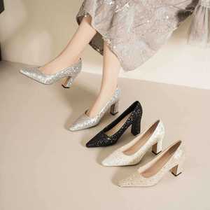 Escarpins à talon carré et bout pointu à paillettes pour mariée, toutes saisons, à enfiler, tendance mode, chaussures pour femmes 7188E - Product Image 3
