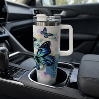 Gobelet isotherme en acier inoxydable imprimé de 40 oz avec poignée et paille, tasse de voyage personnalisée pour voiture et extérieur