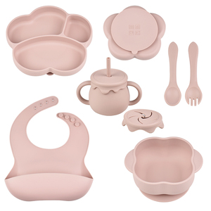 Ensemble d'alimentation pour bébé en silicone 6 pièces : assiette compartimentée, bol, bavoir, tasse, cuillère, fourchette – Forme irrégulière mignonne avec ventouse pour la diversification alimentaire des tout-petits - Product Image 2