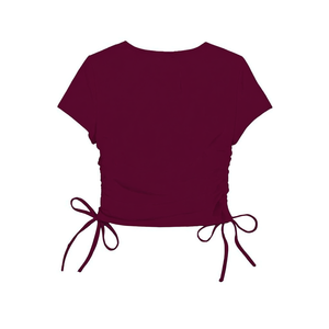 Camiseta Corta de Manga Corta Bordeaux con Cordón Lateral, Tejido Elástico de Punto, Cuello Redondo, Informal, Ajustada, Estampada para Hombre - Product Image 1