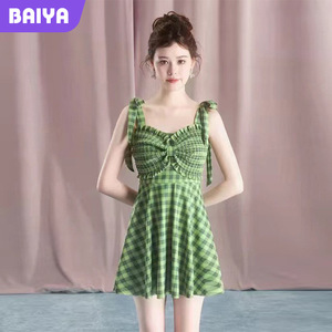 Maillot de bain une pièce pour femmes, vert à carreaux, col à volants, couvrant le ventre, amincissant, pour les vacances - Product Image 4