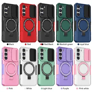 Sliding Window Magnetic Wireless Charging For Samsung Galaxy S23/S23 Plus Phone Case With Ring Mount Lens Glass Protection