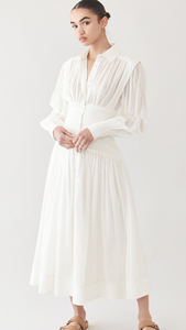 Robe blanche décontractée élégante col col boutonné sur le devant corsage manches longues ballons à volants pour dames - Product Image 3