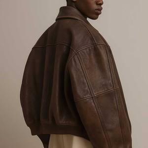 <span class=keywords><strong>Giacca</strong></span> in Pelle Marrone <span class=keywords><strong>Oversize</strong></span> con Zip Integrale e Collo Rovesciato, Stile Vintage Casual a Maniche Lunghe, <span class=keywords><strong>Bomber</strong></span> Boxy da Uomo - Product Image 2