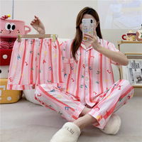 Conjunto de Pijama de Verano para Mujer, Tela de Algodón Suave, Transpirable, con Estampado de Puntos, Cuello Camisero, Pantalones Cortos de Tres Piezas, Ropa para el Hogar
