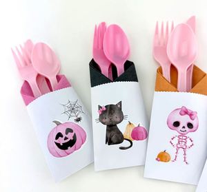Halloween Cutlery Set Cute Ghost <b>Pumpkin</b> Cat Skull Disposable Plastic Fork Spoon with Paper Sleeves for Kids Party - Product Image 3