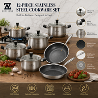 Zhenneng – Ensemble de 12 casseroles et poêles en acier inoxydable 304, 5 casseroles et 2 poêles, compatibles gaz et induction, résistant à la corrosion, durable