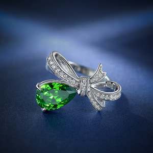 Bagues de fiançailles en argent sterling 925 pour femme pierre de poire verte avec diamant et nœud en zircone cubique pour mariage et cadeau - Product Image 2