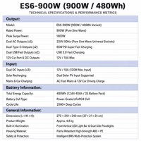 Centrale Électrique Portable OEM ES6-900W 900W 480Wh LiFePO4 à Onde Sinusoïdale Pure, Générateur Solaire 220V avec Double Port PD Type-C 65W pour l'Extérieur