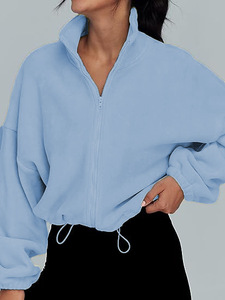 Women's Fleece <b>Zip</b>-<b>Up</b> Jacket Casual Stand Collar Sportswear with Drawstring Hem Loose <b>Cropped</b> Sweatshirt - Product Image 6