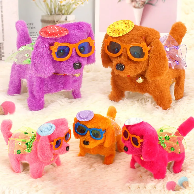 YIWU ALLO-animales de peluche Kawaii, perro de peluche eléctrico para caminar adelante, ojos brillantes Led, gafas
