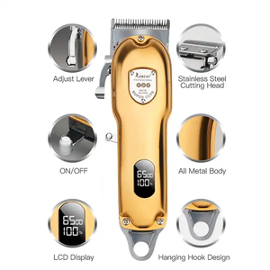 Cortadora de Pelo Profesional para Barbería, Cuchillas de Acero Inoxidable, Recargable por USB, Inalámbrica, Pantalla LCD, para Uso en Hoteles, Dorado/Plateado - Product Image 2