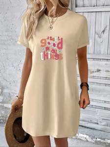 Vestido Casual Deportivo para Mujer, con Estampado Gráfico, Cintura Elástica, Transpirable, Cuello Redondo y Manga Corta - Product Image 2