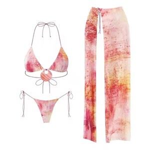 Cổ Hai Màu Sắc Cổ Điển Tam Giác Top Cơ Bản Phụ Nữ 3 Mảnh Đồ Bơi Brazil Cắt Vỏ Bộ Bikini Và Sarong Bìa UPS - Product Image 2