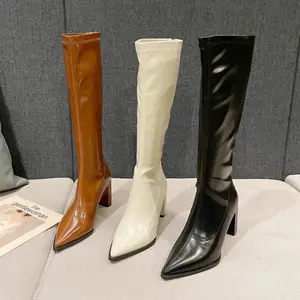 Hoge Kwaliteit Winterlaarzen Lederen Chic Push Om Te Blijven ~! Lange Benen! Koreaanse Beige Stiletto Hak Puntige Neus Ontwerp Knie Hoge Laarzen