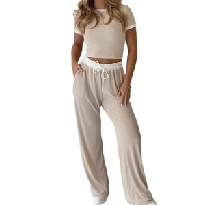 Ensemble décontracté deux pièces pour femme, bleu marine, haut court à manches courtes, pantalon large, couleur unie, vêtements de sport, tailles S M L XL - Product Image 4