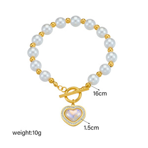 European American Style Pearl Bracelet With Heart Pendant Gold T Bar Clasp Women's Jewelry Gift - Product Image 4