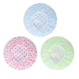 Bonnet de douche imperméable en plastique réutilisable avec bande élastique pour femmes, usage en spa et salon, motif à pois bleus, roses et verts - Product Image 1