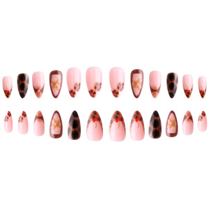 Faux Ongles Longs Amande Style Européen Léopard à Presser, Fleurs 3D Cerise en Gel, Automne Hiver, Vente en Gros - Product Image 5