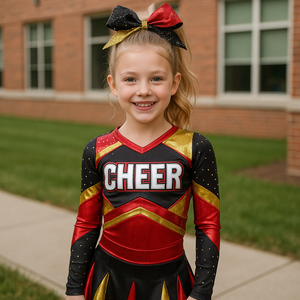 Venta al por mayor Diseña tu uniforme de animadora Uniformes de porristas rojos y negros para niños - Product Image 6