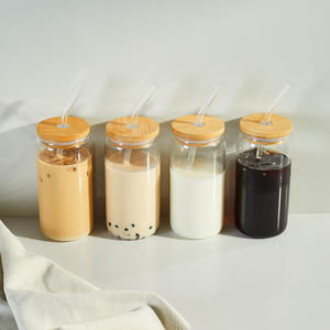 أكواب زجاجية شفافة فارغة سعة <span class=keywords><strong>16</strong></span> أونصة على شكل علبة مشروبات مع غطاء من الخيزران وقش، للعصير والمشروبات الغازية والمشروبات الباردة، متوفرة في مستودعات الولايات المتحدة - Product Image 5