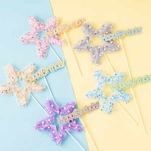 Happy Birthday Star Cake Toppers Mesh Pearl Decorations For Birthday Party Dessert Table - Product Image 1