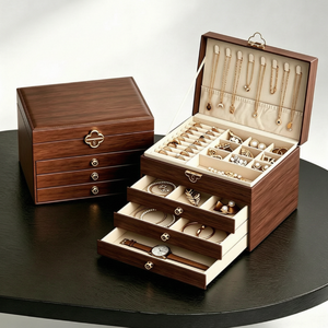 Boîte de rangement à bijoux en bois écologique haut de gamme personnalisée par le fournisseur, à quatre niveaux, avec serrure, pour boucles d'oreilles, colliers, bagues, bracelets, montres - Product Image 4