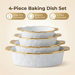 Juego de 4 Platos para Hornear de Porcelana Blanca de 8, 10.25, 12 y 14 Pulgadas con Borde Dorado, Cazuela de Cerámica con Diseño de Puntos en Relieve para Horno y <span class=keywords><strong>Microondas</strong></span> - Product Image 1