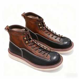 Casual Boots for Men Genuine Leather Work Boots Retro Style Warm & <b>Height</b> <b>Increasing</b> Black British Style Color-Block Trendy - Product Image 5