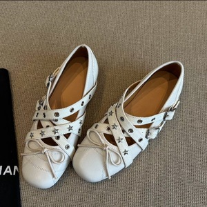 Cowhide French Style Mary Jane <b>Flats</b>, Cross Strap Ballet Shoes with Bow & Rivet Decor - Product Image 2