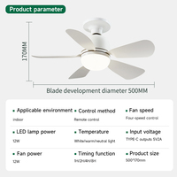 Petite mini prise de lumière de ventilateur LED à 5 lames décorative moderne chambre intérieure gradation de vitesse en continu petite lampe de ventilateur