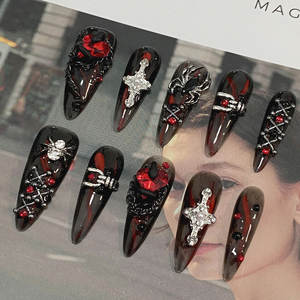 Ongles complets faits main style gothique sombre, haut de gamme, automne-hiver, rouge foncé, avec strass, pour un effet éclatant, fabrication artisanale pure - Product Image 3