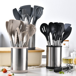 Juego de utensilios de cocina de silicona de acero inoxidable, 12 piezas, Cubo de almacenamiento giratorio, olla antiadherente, pala para el hogar, cuchara, juego de utensilios de cocina - Product Image 1