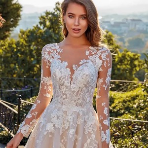 White Ball Gown V-Neck Long Sleeve Embroidered Lace Net Wedding Dress For Reception Evening Wear - Product Image 3