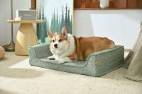Lit pour chien en mousse compressible Ped, garnissage en fil bouclé, aspect lin texturé, rayures larges, peluche