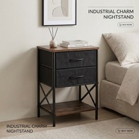 Table de chevet industrielle vintage avec 2 tiroirs en tissu gris foncé, coffre de rangement, plateau en bois et étagère ouverte pour la maison, le bureau ou la chambre