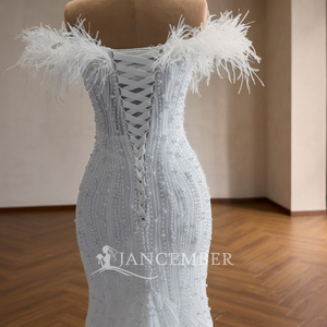 Vestido de Novia <span class=keywords><strong>Sirena</strong></span> con Adornos de Plumas de Avestruz y Lentejuelas de Perlas Rsm261105, Magnífico Vestido Blanco con Cola Circular Adornada Jancemebr - Product Image 6
