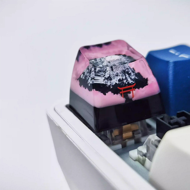 1u Handmade Personalized Artisan Cherry Blossom Mount Fuji Resin Epoxy Keycap for Mechanical Keyboard - Custom Decor