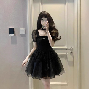 Black Puff Sleeve Dress For Women Summer French Chic Princess Style A Line Mesh Short Skirt Sweetheart Neckline Fitted Waist - Product Image 4