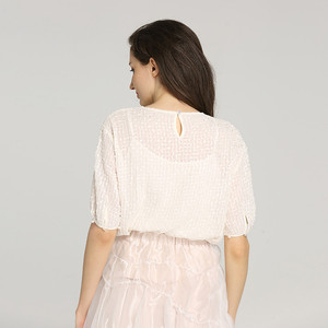 De venta caliente blanco perla bordado de manga corta delicados tops mujer blusas - Product Image 2