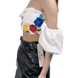 Nouveau Top Court Brodé Tendance pour Femme, Blanc, Épaules Dénudées, Sexy, Bustier, en Lin et Coton Tissé à Imprimé Floral, Décontracté, Été - Product Image 2